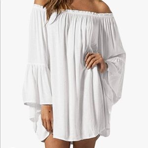 Off Shoulder Chiffon Lace Sleeve Blouse Mini Dress